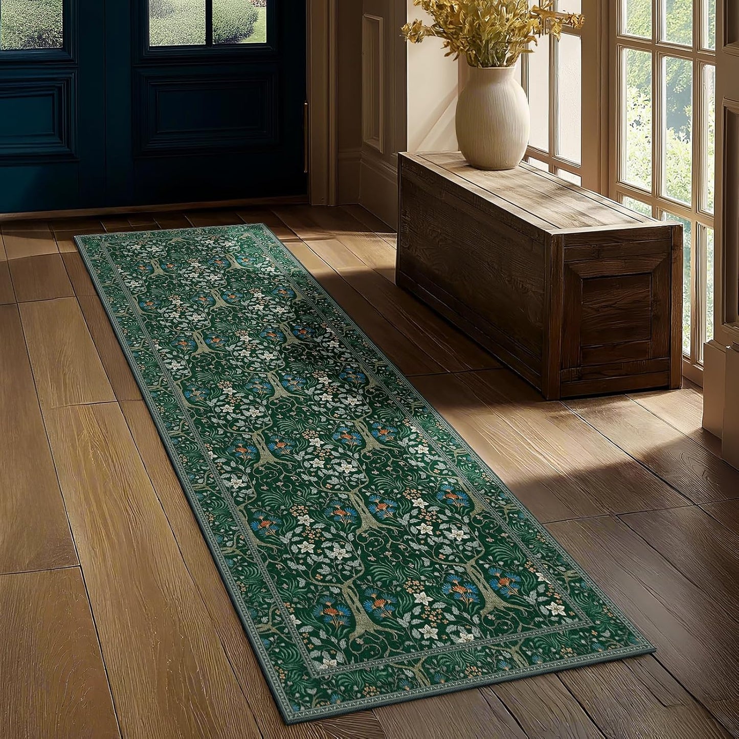 Joydeco Washable Runner Rug Non Slip, Floral Kitchen Carpet Runner 2x6, Soft Low-Pile Botanical Forest Indoor Floor Door Mat for Hallway Bathroom Entryway Laundry Room, Dark Green