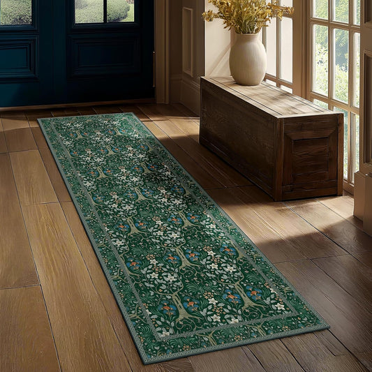 Joydeco Washable Runner Rug Non Slip, Floral Kitchen Carpet Runner 2x6, Soft Low-Pile Botanical Forest Indoor Floor Door Mat for Hallway Bathroom Entryway Laundry Room, Dark Green