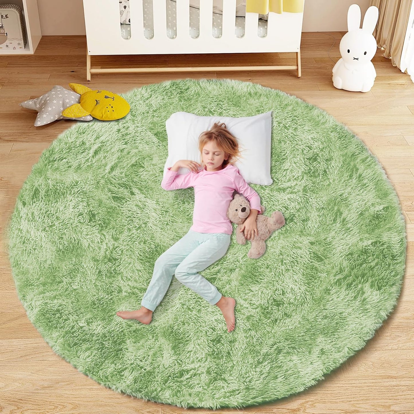 4FT Round Rug for Bedroom: Fluffy Shag Soft Washable Rugs Circle Small Fuzzy Plush Indoor Carpet for Living Room Nursery Playroom Dorm Kids Girls Boys Room (Sage Green, 4'x4')