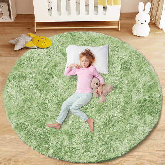 4FT Round Rug for Bedroom: Fluffy Shag Soft Washable Rugs Circle Small Fuzzy Plush Indoor Carpet for Living Room Nursery Playroom Dorm Kids Girls Boys Room (Sage Green, 4'x4')