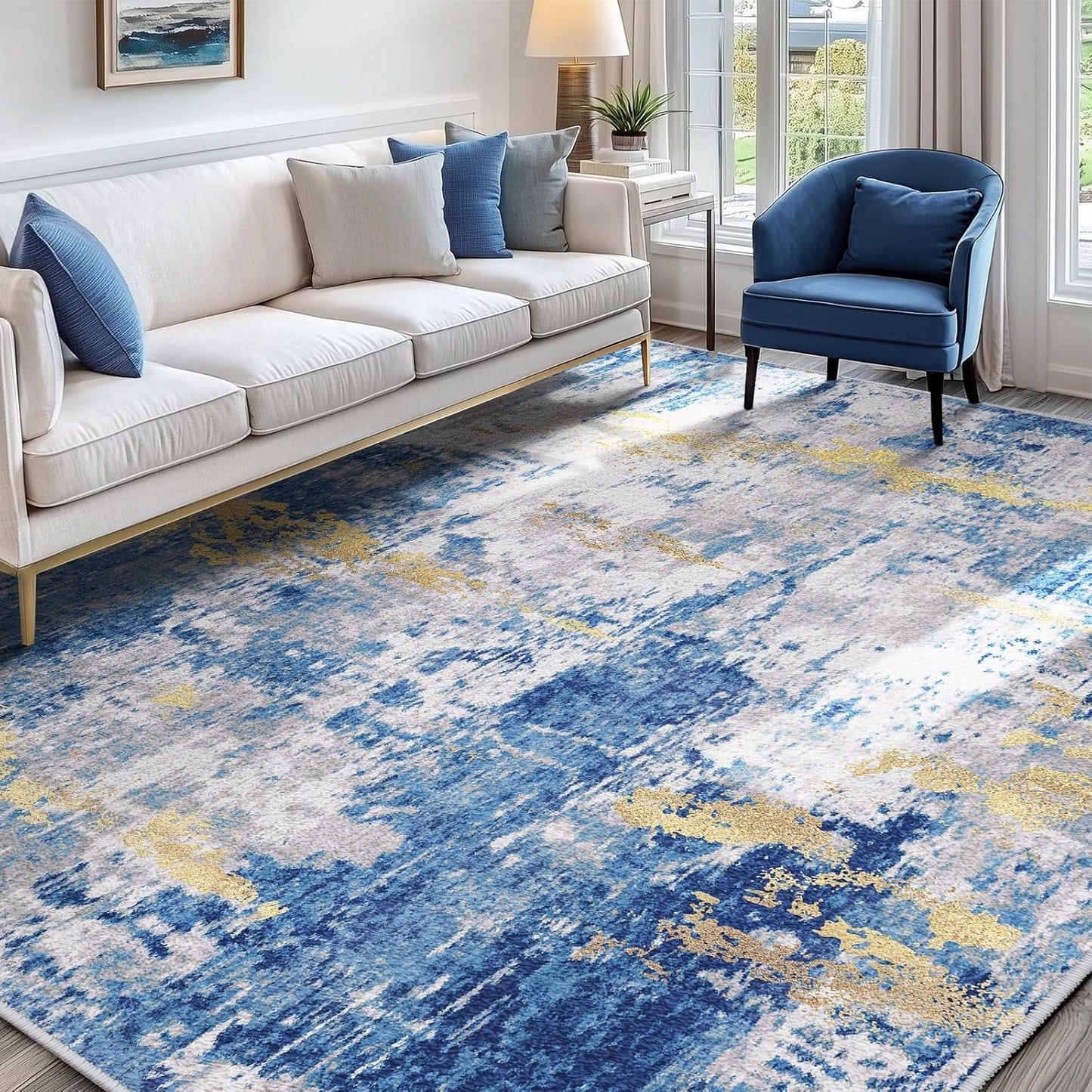 Washable Area Rugs 8'x10' Non-Slip Modern Abstract Soft for Living Room Entryway Bedroom Nursery, Print Pattern, Grey Blue Gold/Golden