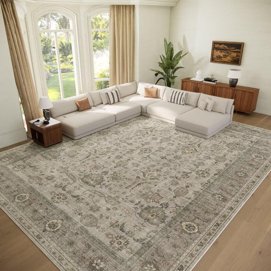 Washable 10x14 Area Rugs for Living Room, Boho Non-Slip Silicone Backing Rugs for Bedroom Dining Room Office, 0.3" Neutral Oriental Throw Carpet with 0.16" Cushioning Pad, Light Brown/Multi