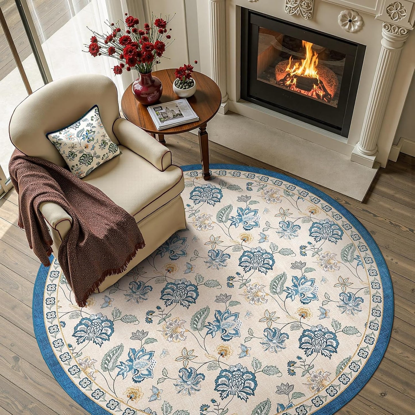 jinchan 5ft Floral Round Rug for Entryway Washable Kitchen Rug Vintage Romance Design Non Slip Indoor Doormat Lightweight Low-Profile Throw Carpet for Living Room Dining Room Bedroom, Blue/Beige