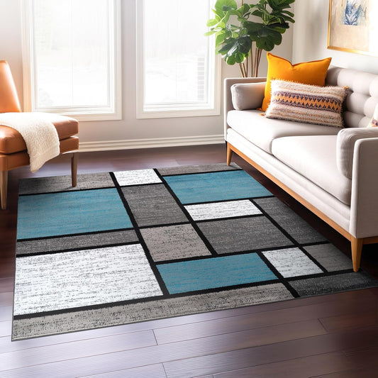 Rugshop Contemporary Modern Boxes for Home Office,Living Room,Bedroom,Kitchen Non Shedding Square Area Rug 6'6" x 6'6" Blue