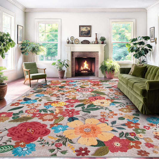 Area Rug Living Room Rugs: 5x7 Washable Rug Vintage Floral Soft Boho Non Slip Carpet Indoor Floor Non Shedding Low Pile Thin Carpets for Bedroom Dining Room Farmhouse Nursery Home Office Beige