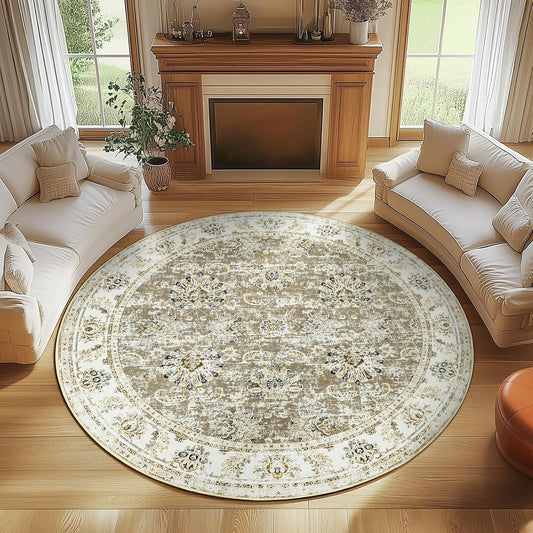 jinchan Round Rug 8ft Area Rugs - Vintage Floral Distressed Design Machine Washable Non-Slip Low-Pile Ultra-Thin Circle Rug for Living Room Dining Room Bedroom Home Office Farmhouse (8' Round,Taupe)