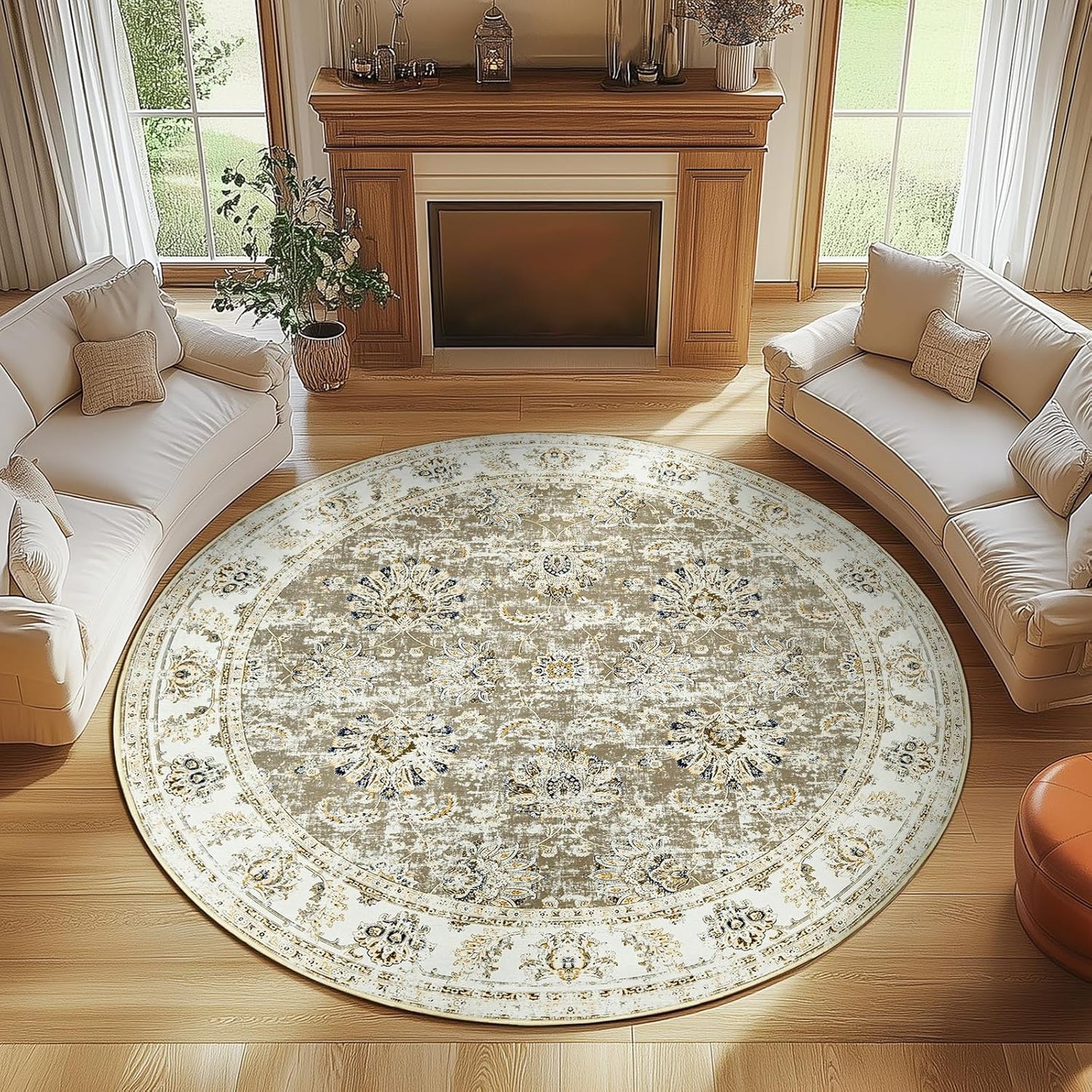 jinchan Round Rug 7ft Area Rugs - Vintage Floral Distressed Design Machine Washable Non-Slip Low-Pile Ultra-Thin Circle Rug for Living Room Dining Room Bedroom Home Office Farmhouse (7' Round,Taupe)