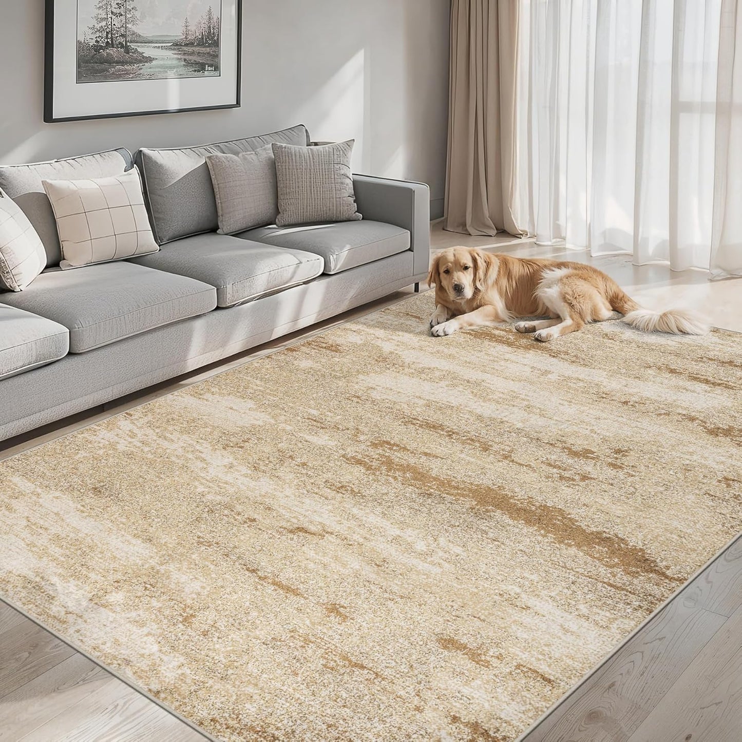 Area Rugs Living Room Rug - 5x7 Washable Modern Abstract Soft Neutral Non-Slip Carpet Large Indoor Floor Stain Resistant Thin Carpets for Bedroom Dining Room Farmhouse Nursery Home Office Beige