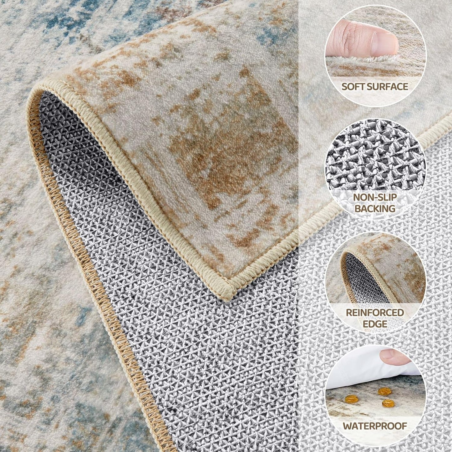 Area Rug for Living Room: 10x12 Washable Neutral Abstract Modern Soft Rugs Non Slip Indoor Floor Stain Resistant Large Carpet for Bedroom Dining Room Office Nursery - Blue Brown