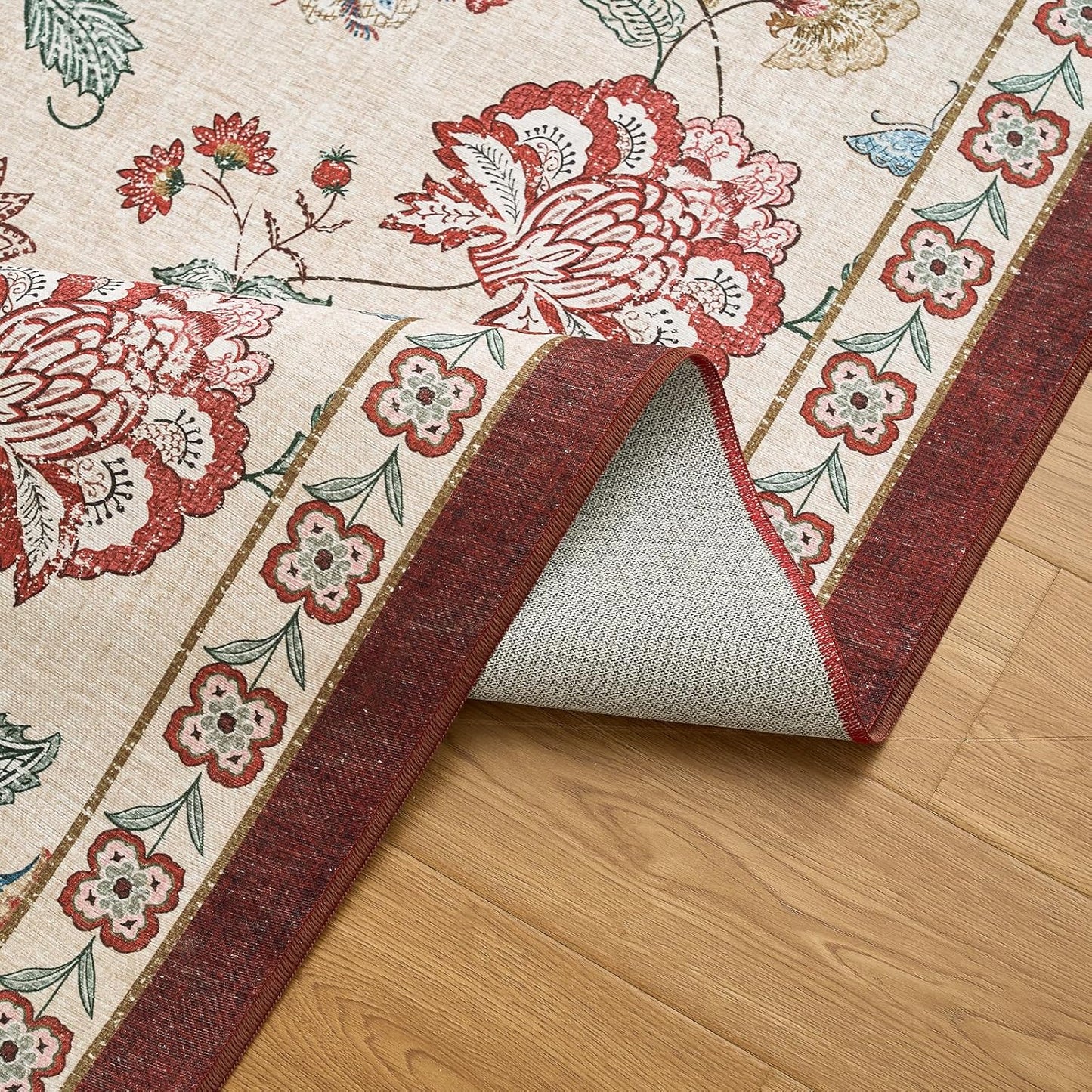 jinchan 3x10 Floral Runner Rug for Hallway Washable Kitchen Runner Vintage Romance Design Non Slip Thin Indoor Floor Cover Low-Profile Throw Carpet for Entryway Bathroom Bedroom Porch, Red/Beige