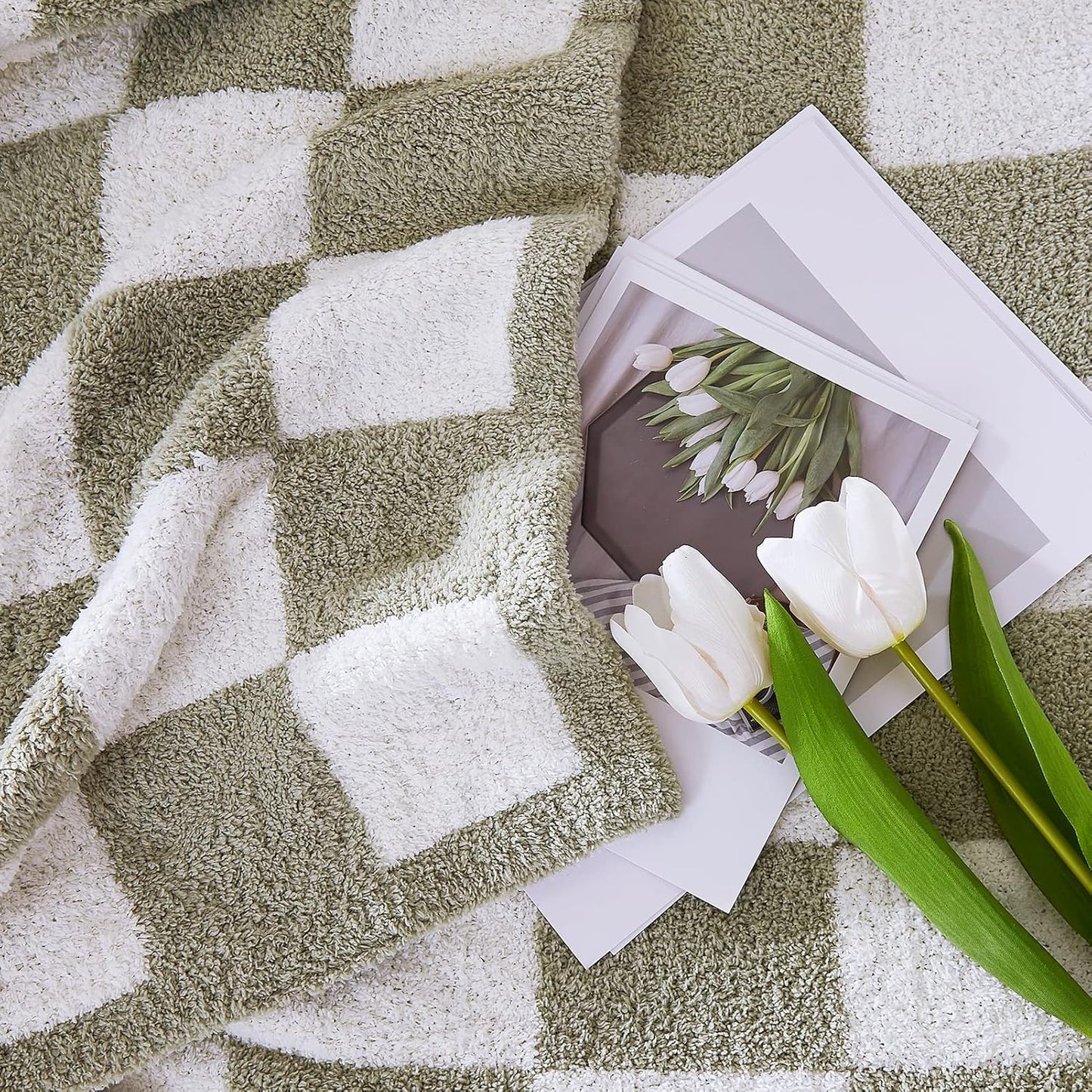 WRENSONGE Checkered Throw Blanket, Sage Green Soft Cozy Fluffy Warm Hand Made Throw Blankets for Couch, Sofa, Chair, Bed, Camping, Picnic, Travel Lightweight Bed Blanket - 60"*80"