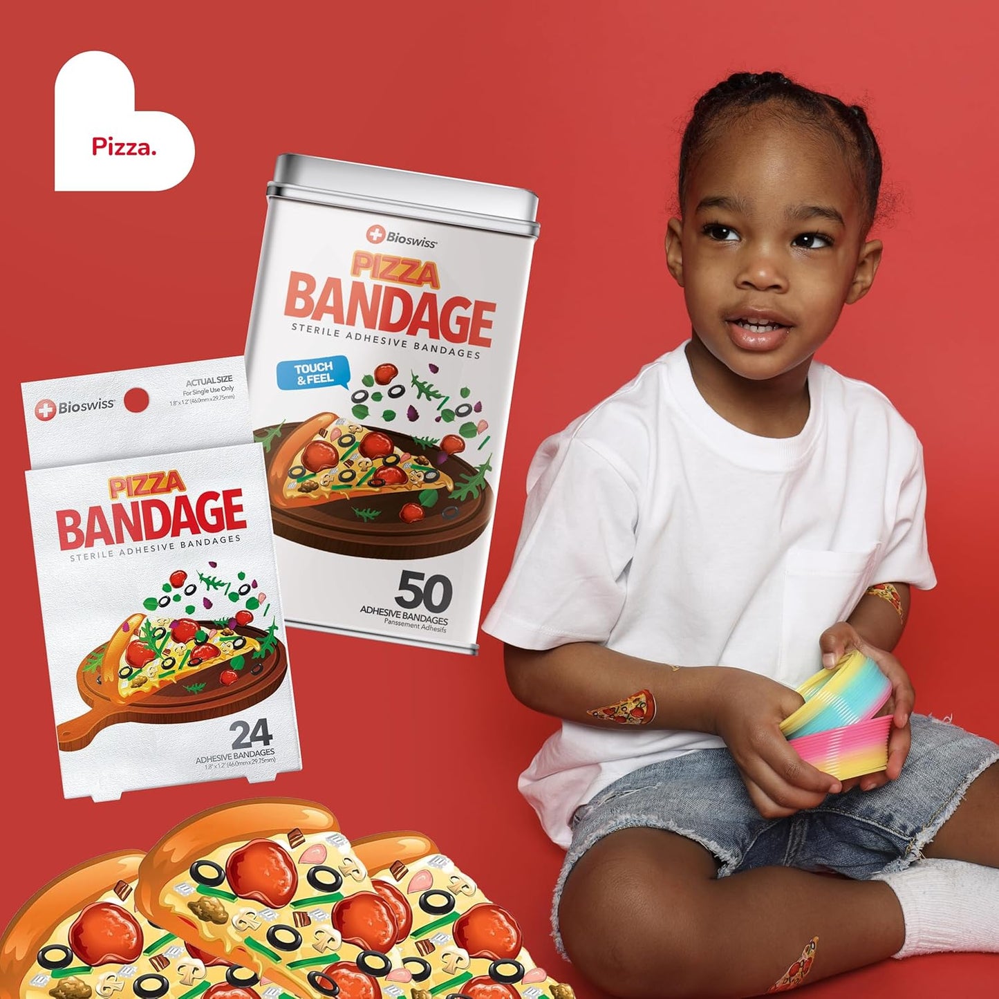 BioSwiss Bandages, Pizza Shaped Self Adhesive Bandage, Latex Free Sterile Wound Care, Fun First Aid Kit Supplies for Kids, 24 Count