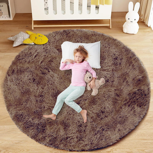 4FT Round Rug for Bedroom: Fluffy Shag Soft Washable Rugs Circle Small Fuzzy Plush Indoor Carpet for Living Room Nursery Playroom Dorm Kids Girls Boys Room (Coffee, 4'x4')