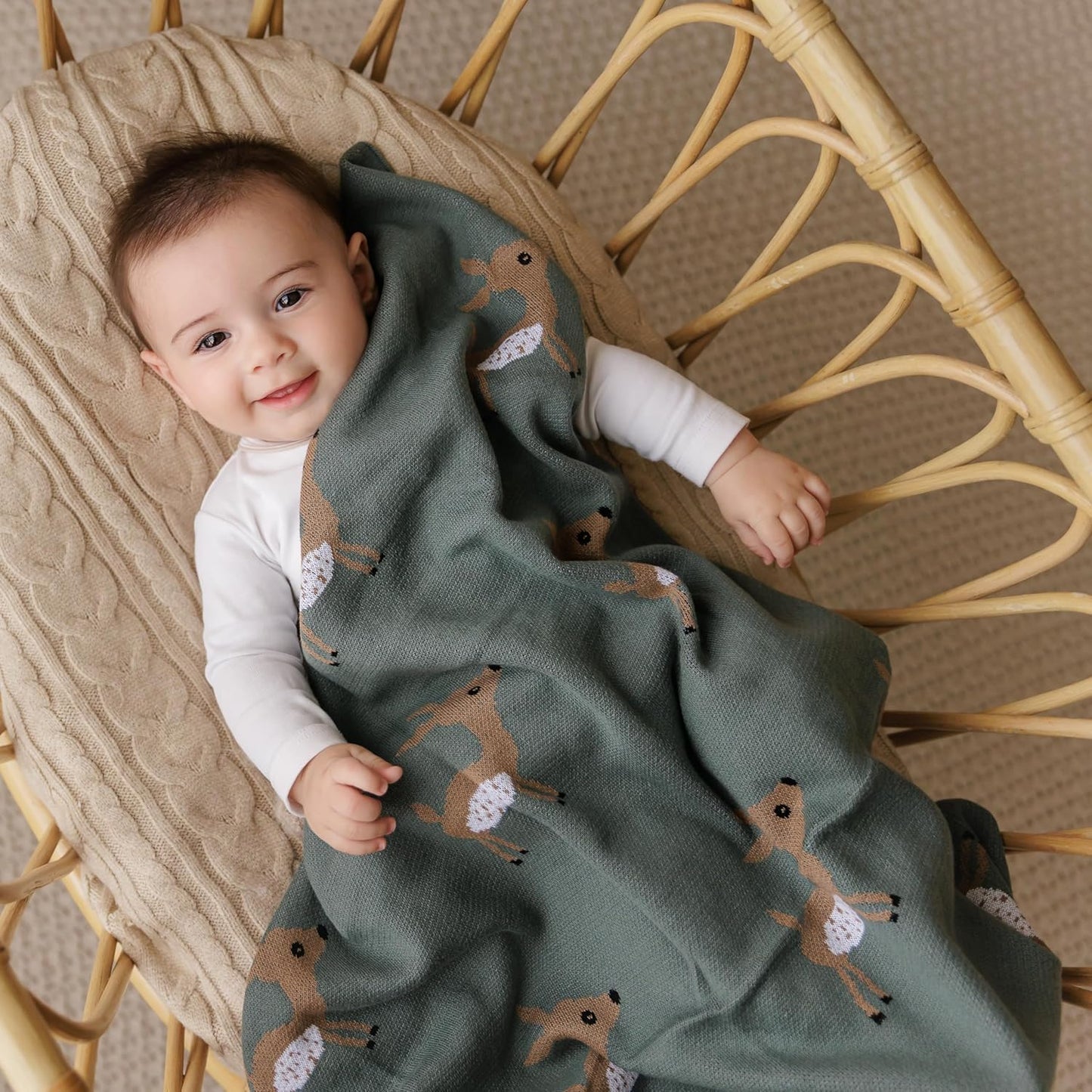 Soft Baby Swaddle Receiving Blanket - 100% Cotton Knit Soft Cozy Receiving Swaddling Crib Stroller Quilt Blanket for Shower Gift Registry for Newborns, Infants, Toddlers (Deer - Sage)