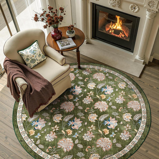 jinchan 5ft Floral Round Rug for Entryway Washable Kitchen Rug Vintage Romance Design Non Slip Indoor Doormat Lightweight Low-Profile Throw Carpet for Living Room Dining Room Bedroom, Green