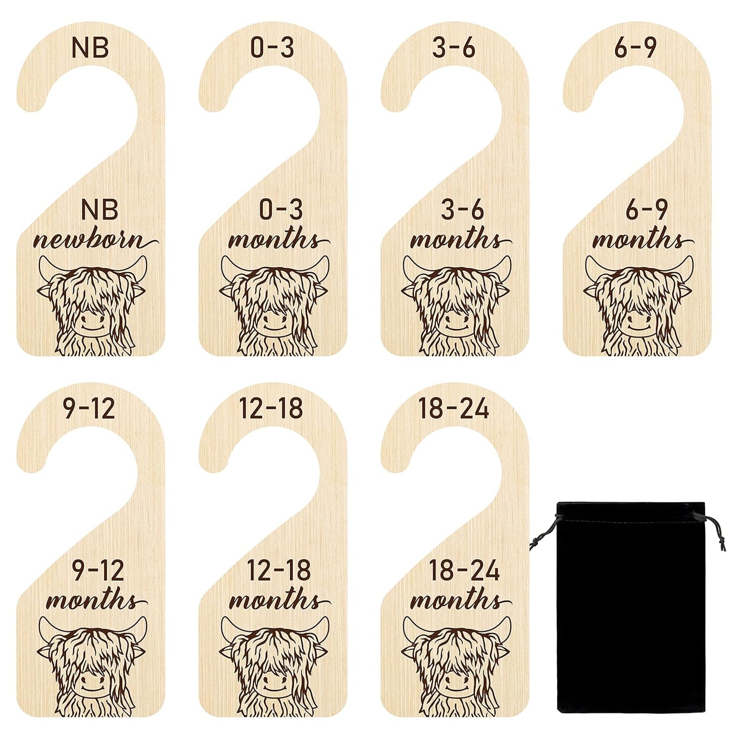 R HORSE 8Pcs Highland Cow Baby Closet Dividers, Double Sided Baby Closet Organizers Nursery Hanger Dividers Wood Size Dividers for Boy Girl Birthday Christmas Gift (0-24 Months)