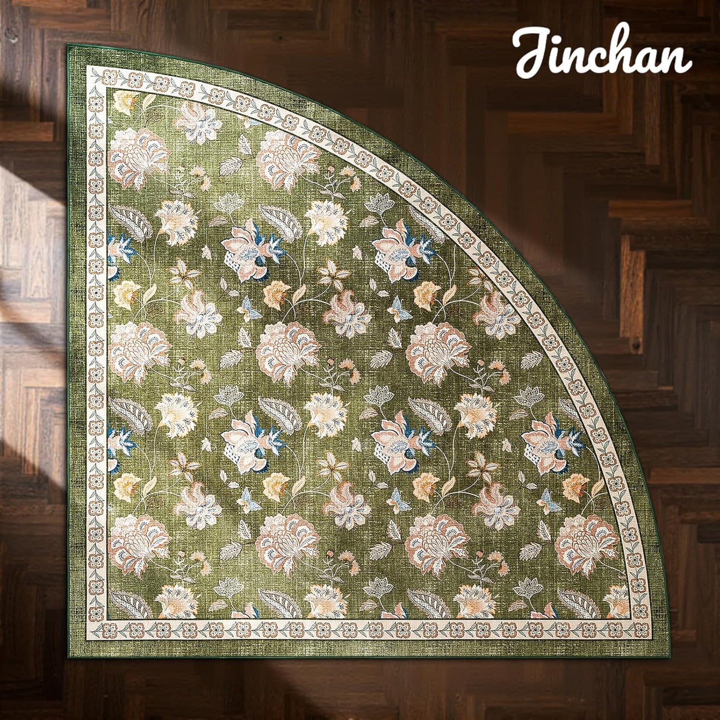 jinchan Floral Corner Rug for Living Room Washable Bedroom Rug Vintage Romance Design Non Slip Quarter Circle Lightweight Low-Pile Throw Carpet for Reading Nook Playroom,6ft Radius, Green
