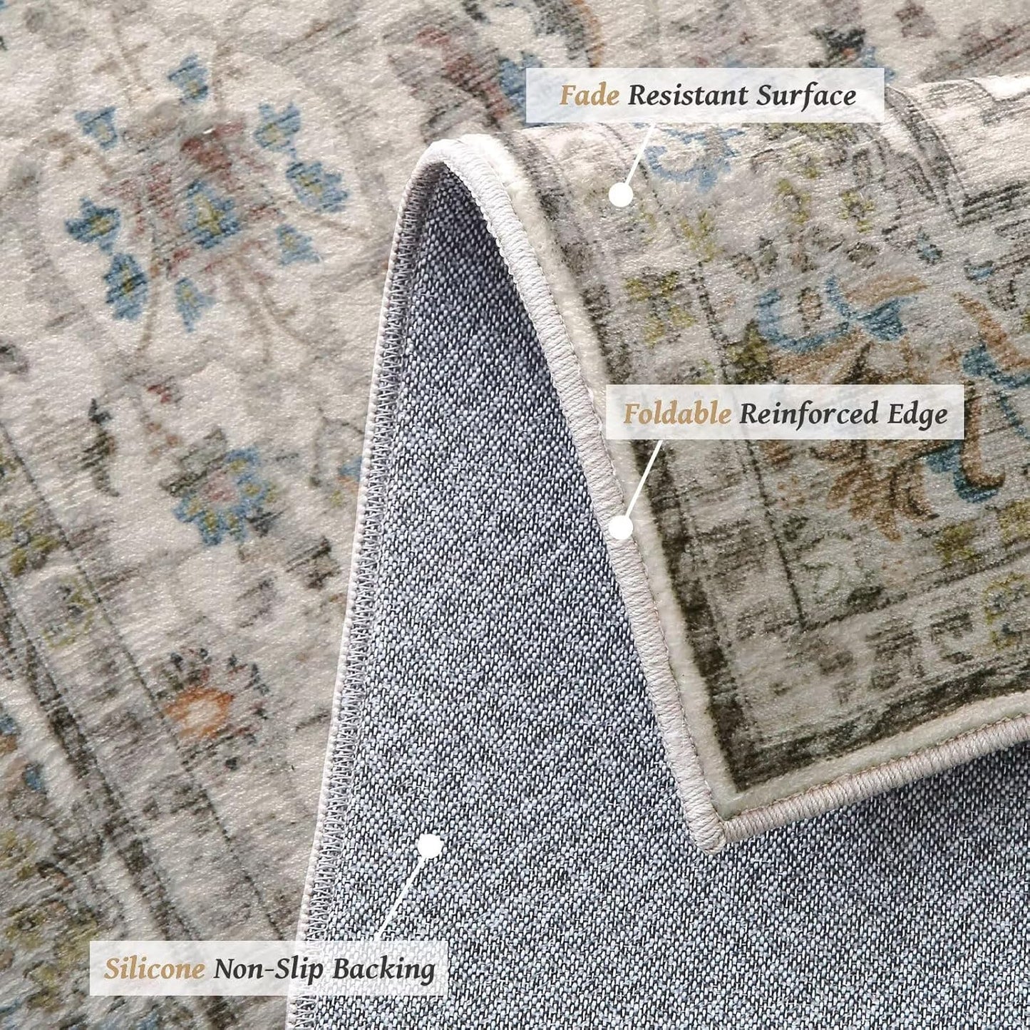 Washable 5x7 Area Rugs for Living Room, Boho Non-Slip Silicone Backing Rugs for Bedroom Dining Room Nursery Office, 0.3" Neutral Oriental Throw Carpet with 0.16" Cushioning Pad, Cream/Multi