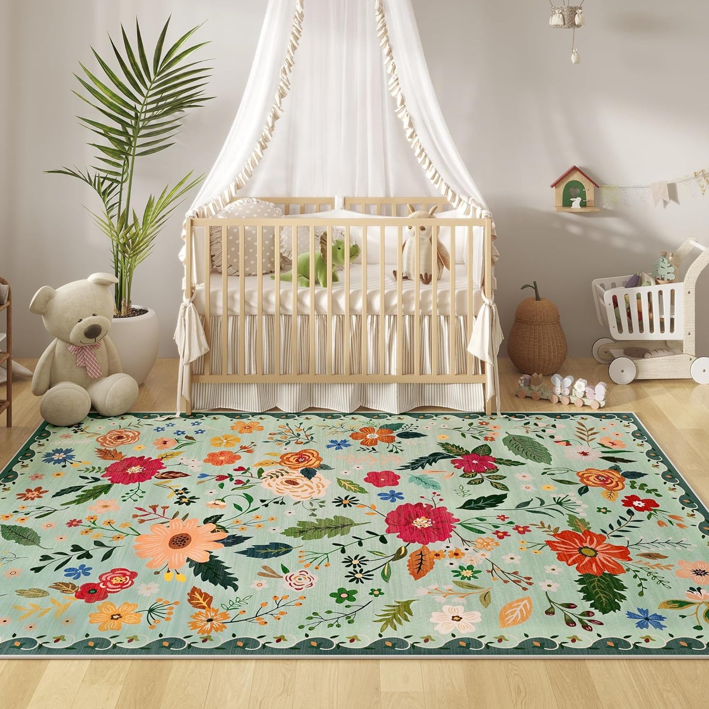 5x7 Washable Rug for Living Room, Green Floral Area Rug, Non Slip Low Pile Soft Flower Carpet, Large Rugs for Bedroom, Dining Room, Office, Kids Playroom, Nursery, Sage Green