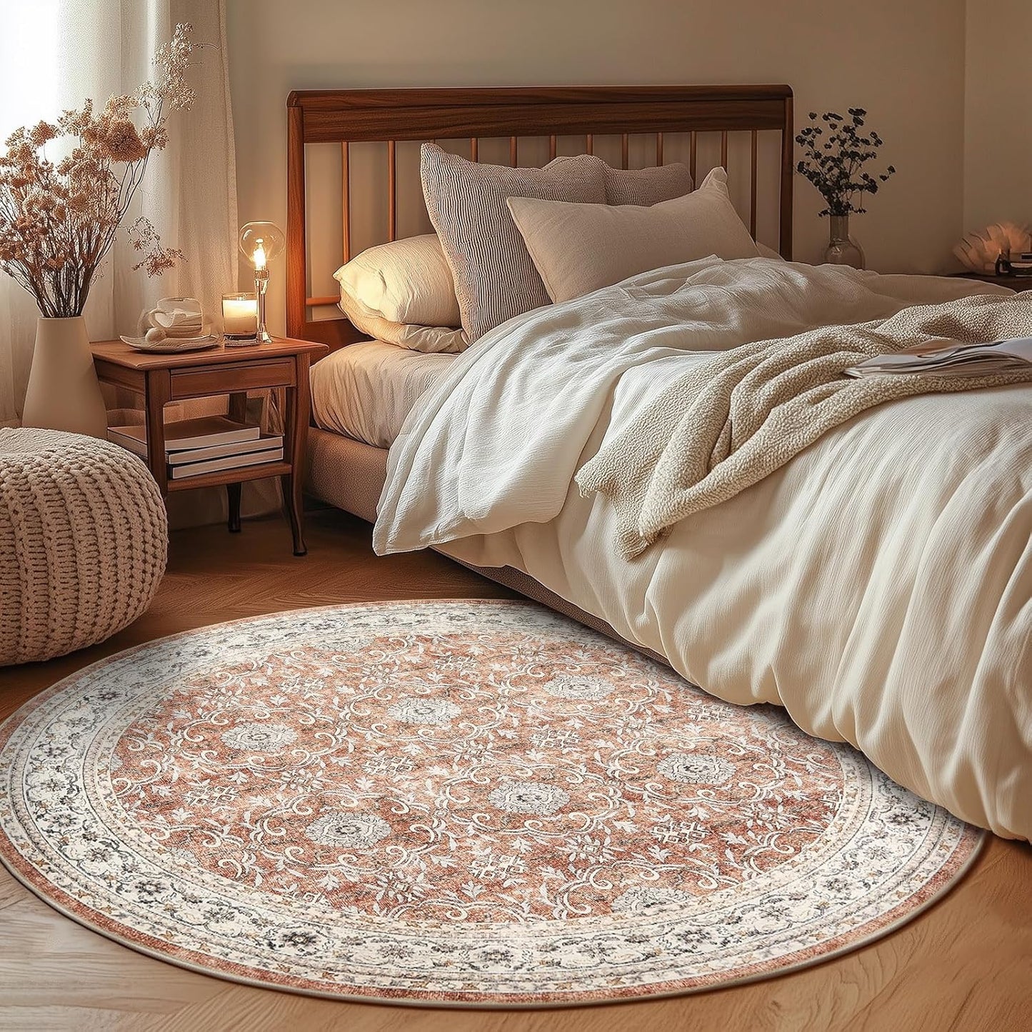jinchan Round Rug 5ft Washable Circle Soft Rug - Low Pile Vintage 5'Round Indoor Orange Floral Print Stain Resistant Boho Carpet Ultra-Thin Non-Slip for Entryway Nursery Bedroom Dining Room Kitchen
