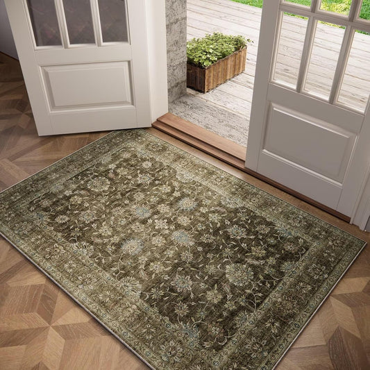 Washable 3x5 Entryway Rug Indoor, Boho Non-Slip Silicone Backing Small Rugs for Kitchen Nursery Office Bedroom, 0.3" Neutral Oriental Throw Carpet with 0.16" Cushioning Pad, Flaxen/Multi