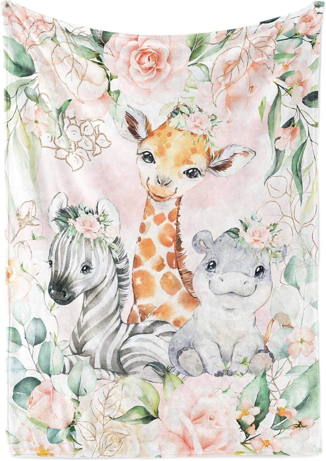 UNIQUE Rose Flowers Safari Ultra Soft Fleece Baby Blanket 30x40in, Cute Zebra Hippo Giraffe Baby Blanket, Girl