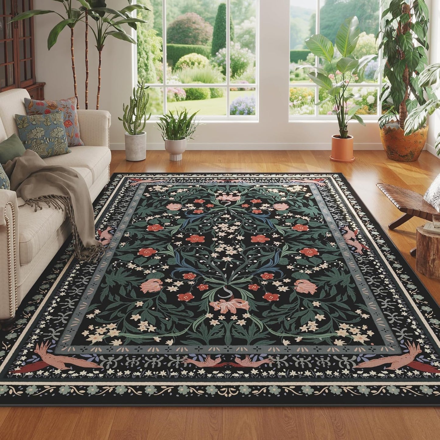 5x7 Washable Rug Vintage Floral Botanical Area Rug Non Slip Low Pile Large Rugs for Living Room, Bedroom, Farmhouse, Dining Room, Kids Playroom, Black