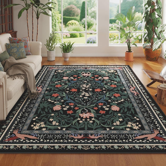 Area Rugs 8x10 for Living Room Clearance Washable Vintage Floral Botanical Rug Non Slip Low Pile Large Rug for Bedroom, Farmhouse, Dining Room, Kids Playroom, Black