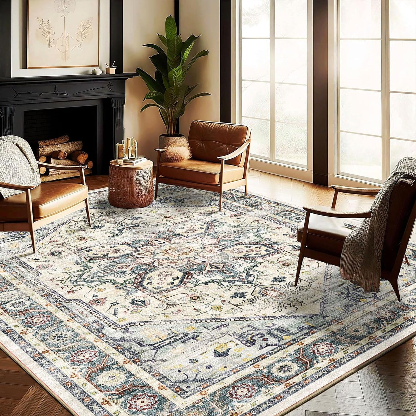 Washable Area Rug 9'x12' Cyan Khaki Retro Flowers Boho Design Non-Shedding Easy Care Ideal for High Traffic Areas in Living Room Bedroom Office Coffee Table Kitchen Large Carpet