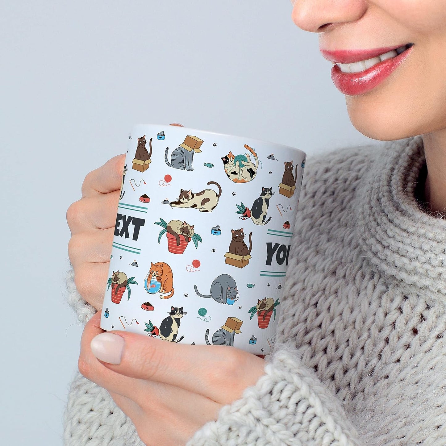 Personalized Mug for Kids - Cats - Custom Name/Text, Ceramic Hot Chocolate/Cocoa/Coffee Cup for Boys/Girls, Birthday/Christmas/Holiday Gift - 15 oz, Pink Handle