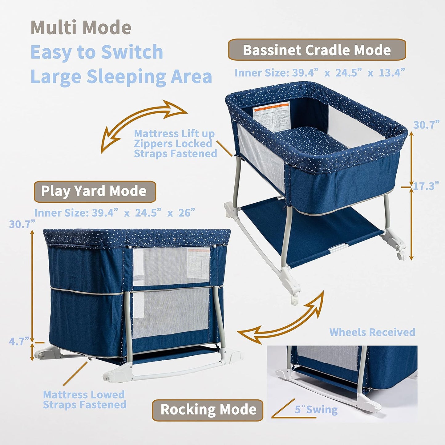 Newborn Portable Bassinet on Wheels for Baby 3 in 1 Bedside Sleeper Rocking Crib Playard with Breathable Mesh Cover Detachable Mosquito Net and Music Box Multi Mode(Navy Blue)