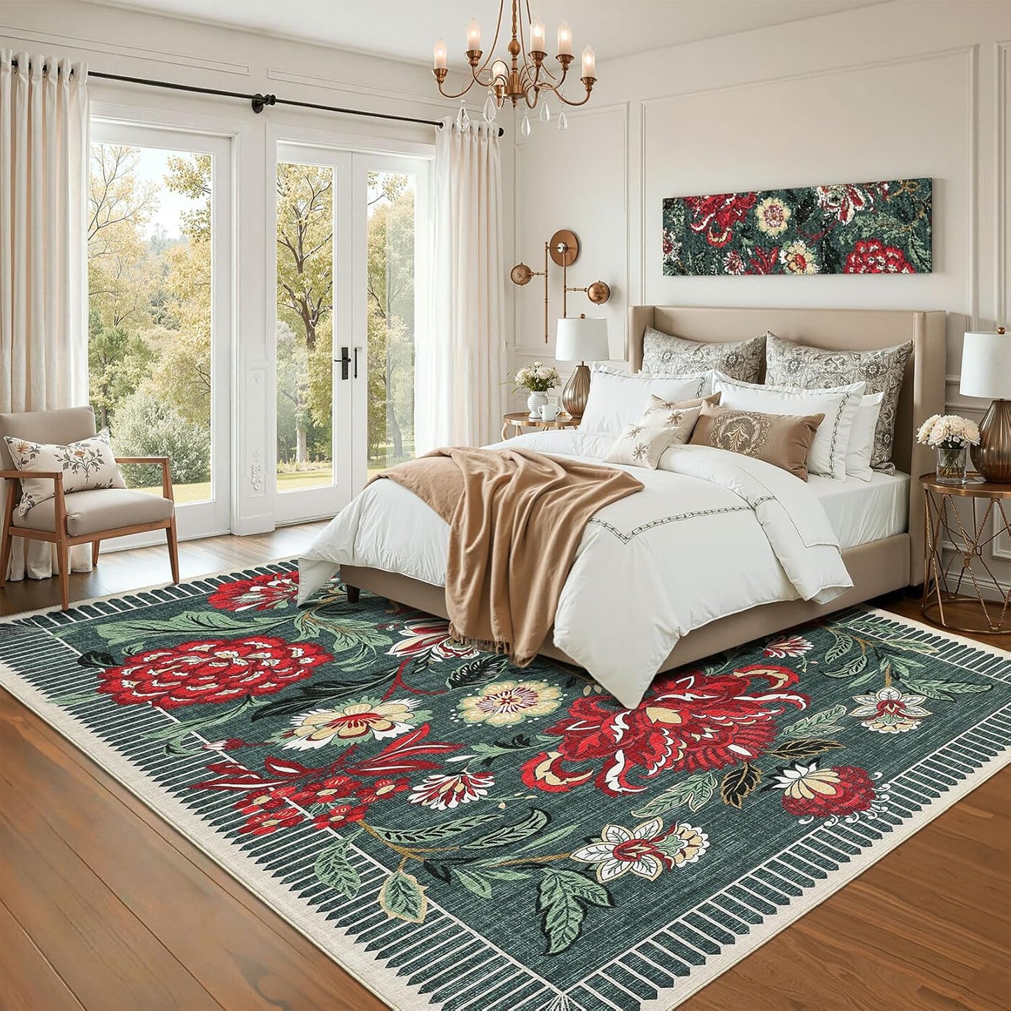 GarveeHome Floral Botanical Washable 9x12 Area Rug for Living Room Soft Grey Green Vintage Boho Cottage Large Rugs Low Pile Carpet for Bedroom Dining Nursery Rug