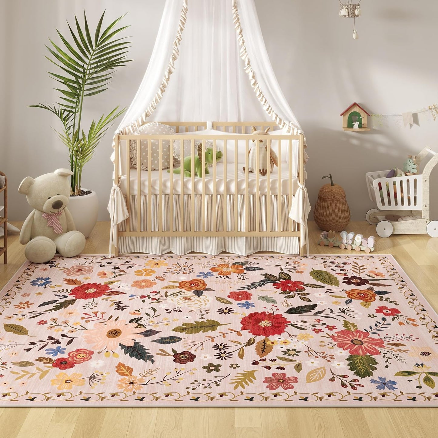 5x7 Washable Rug for Living Room, Pink Floral Area Rug, Non Slip Low Pile Soft Flower Carpet, Large Rugs for Bedroom, Dining Room, Office, Kids Playroom, Nursery, Pink/Beige