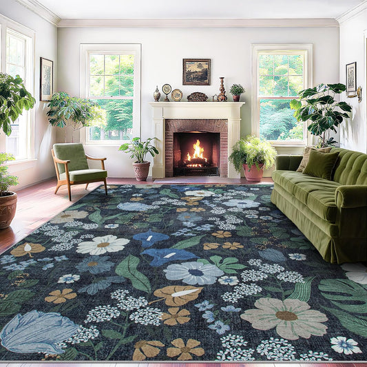 8x10 Area Rug for Living Room: Vintage Floral Washable Rug Soft Boho Non Slip Carpet Large Indoor Floor Non Shedding Low Pile Thin Carpets for Bedroom Dining Room Farmhouse Nursery Home Office Blue