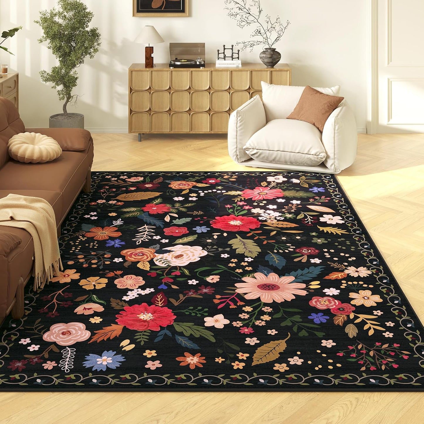 5x7 Washable Rug for Living Room, Floral Black Area Rug, Non Slip Low Pile Soft Flower Carpet, Large Rugs for Bedroom, Dining Room, Office, Kids Playroom, Nursery
