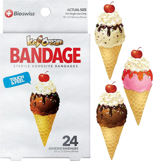 BioSwiss Bandages, Ice Cream Shaped Self Adhesive Bandage, Latex Free Sterile Wound Care, Fun First Aid Kit Supplies for Kids, 24 Count