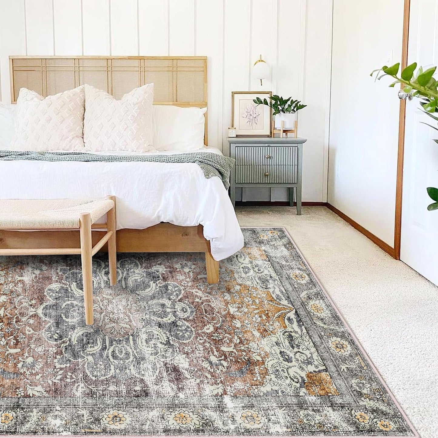 Area Rug 5x7 Washable Rug Brown Vintage Traditional Floor Cover Foldable Thin Retro Kitchen Accent Indoor Distressed Non Slip Carpet Bedroom Living Room Bathroom