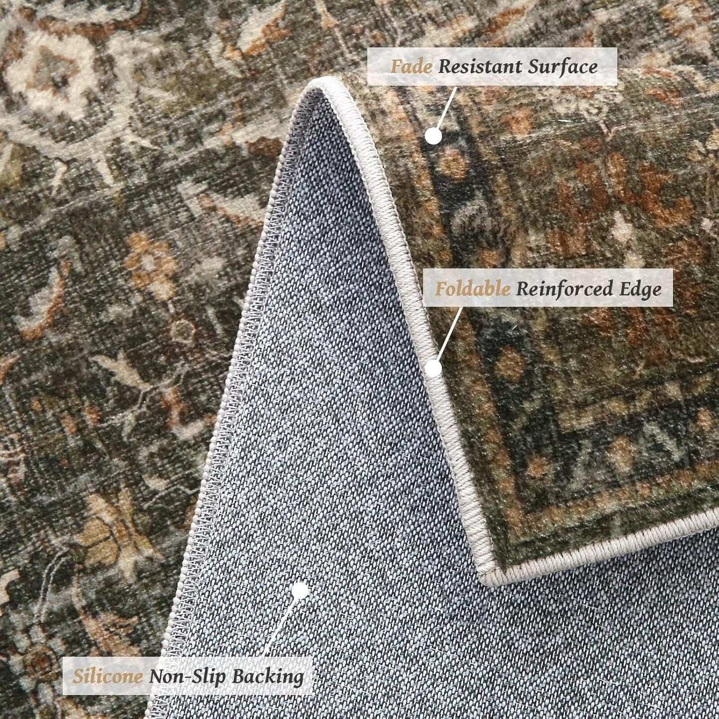 Washable 3x5 Entryway Rug Indoor, Boho Non-Slip Silicone Backing Small Rugs for Kitchen Nursery Office Bedroom, 0.3" Neutral Oriental Throw Carpet with 0.16" Cushioning Pad, Deep Brown/Multi