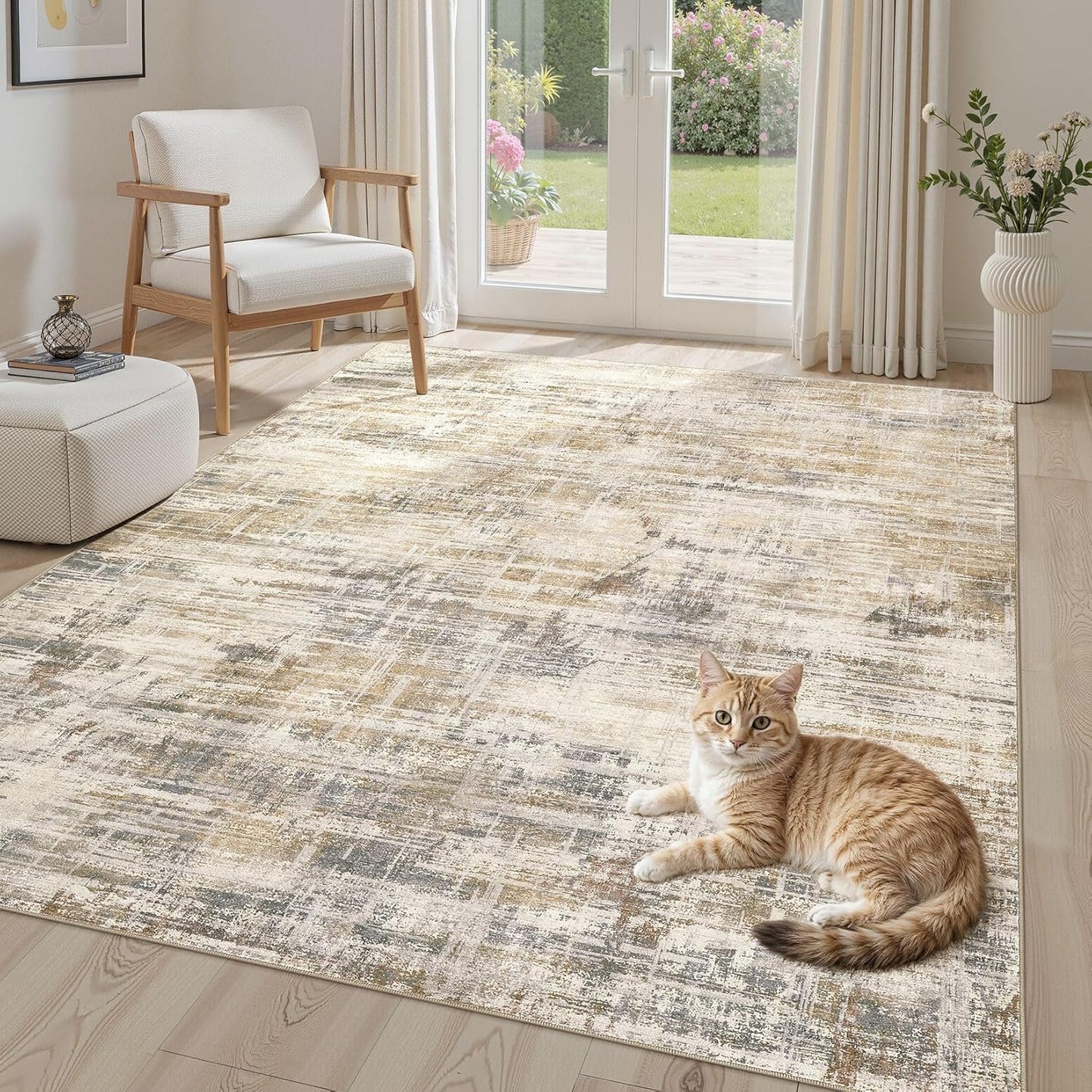 Area Rug for Living Room: 6x9 Washable Neutral Abstract Modern Soft Rugs Non Slip Indoor Floor Stain Resistant Large Carpet for Bedroom Dining Room Office Nursery - Golden Brown
