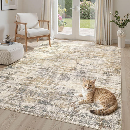 Area Rug for Living Room: 4x6 Washable Neutral Abstract Modern Soft Rugs Non Slip Indoor Floor Stain Resistant Carpet for Bedroom Dining Room Office Nursery - Golden Brown