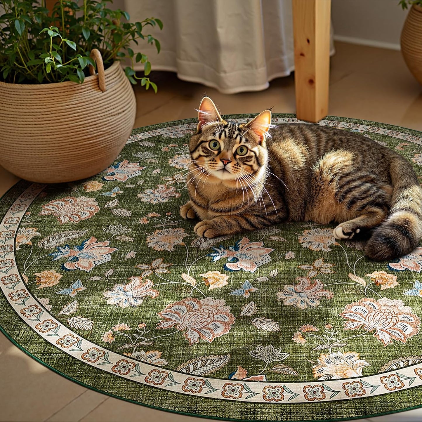 jinchan 5ft Floral Round Rug for Entryway Washable Kitchen Rug Vintage Romance Design Non Slip Indoor Doormat Lightweight Low-Profile Throw Carpet for Living Room Dining Room Bedroom, Green