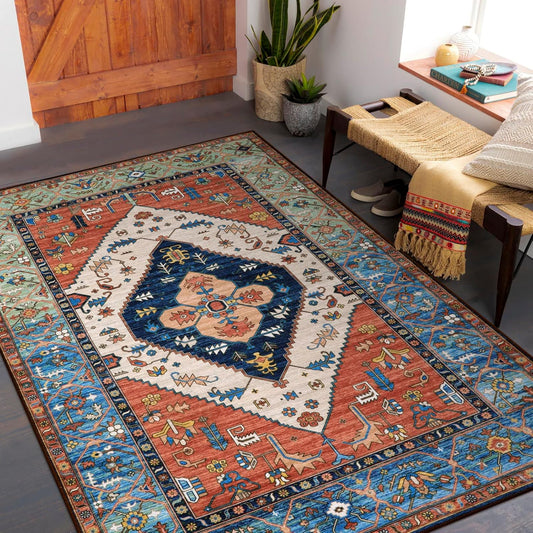 Lahome Boho Rugs for Living Room - 4x6 Area Rug Machine Washable Bedroom Rugs Non-Slip Low-Pile Entryway Carpet Throw Oriental Distressed Kitchen Indoor Floor Carpet for Dining Room Bathroom Office