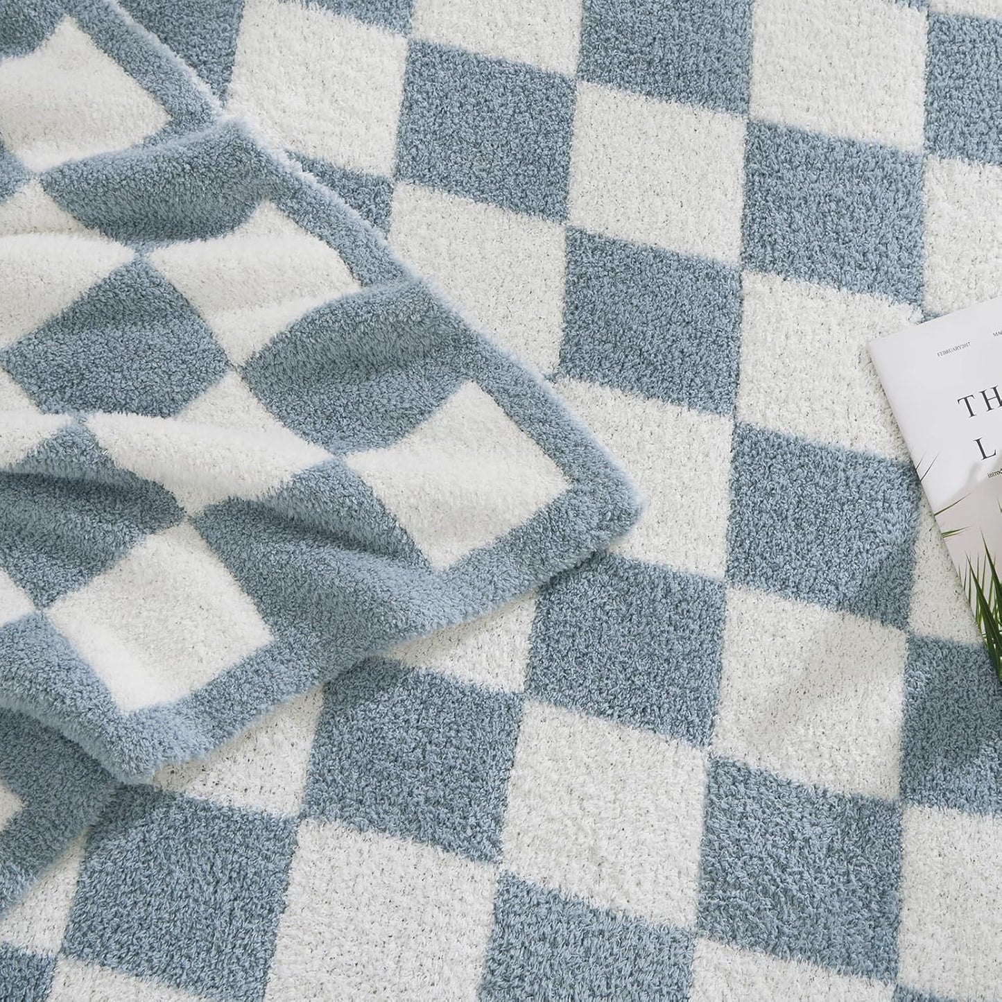 WRENSONGE Checkered Throw Blanket, Grey Blue Soft Cozy Fluffy Warm Hand Made Throw Blankets for Couch, Sofa, Chair, Bed, Camping, Picnic, Travel Lightweight Bed Blanket - 50"*70"