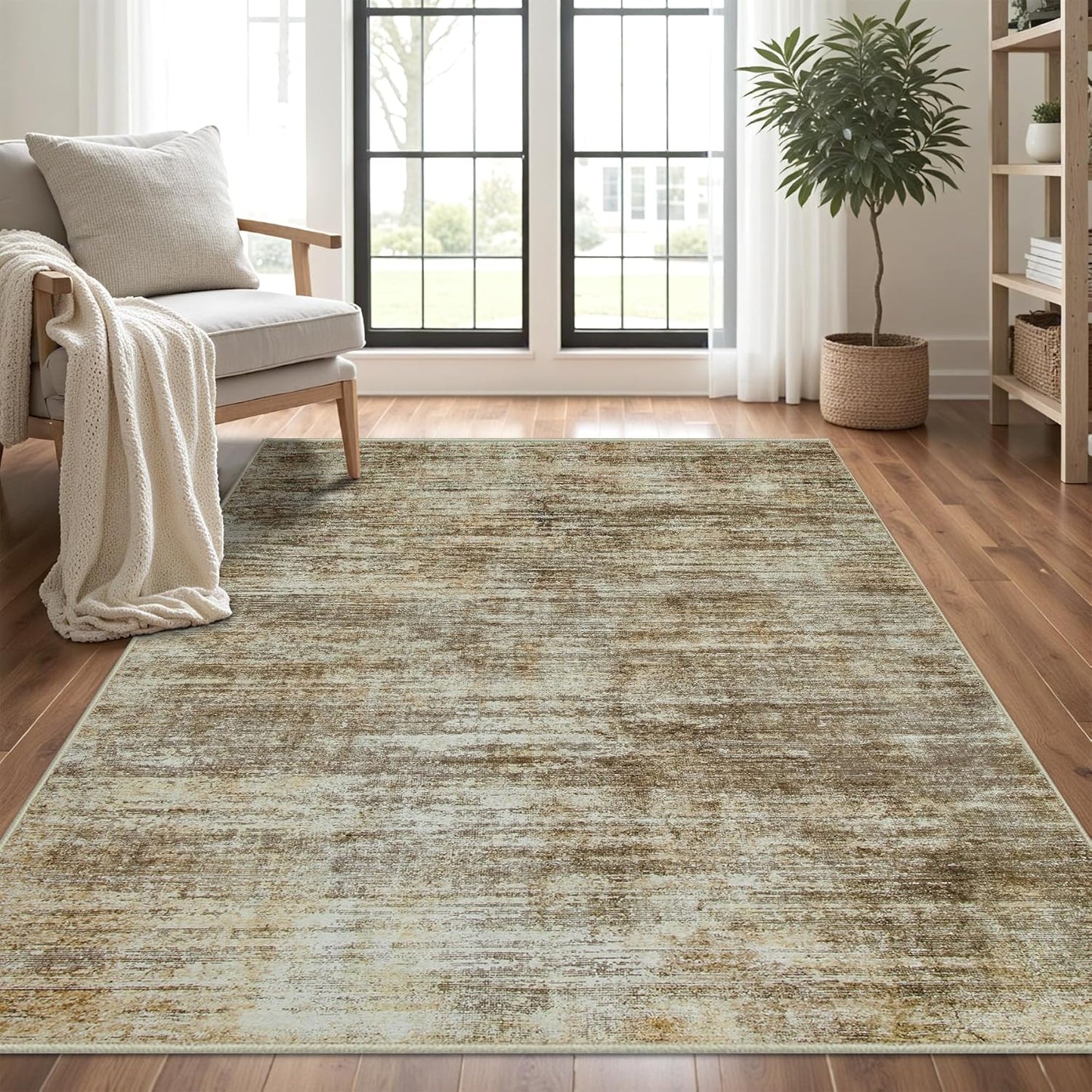 Washable Rug 6x9 Area Rugs, Abstract Large Living Room Rugs with Non-Slip Backing, Thin Carpet for Dorm Dining Room Table Nursery Indoor Home Office-Brown