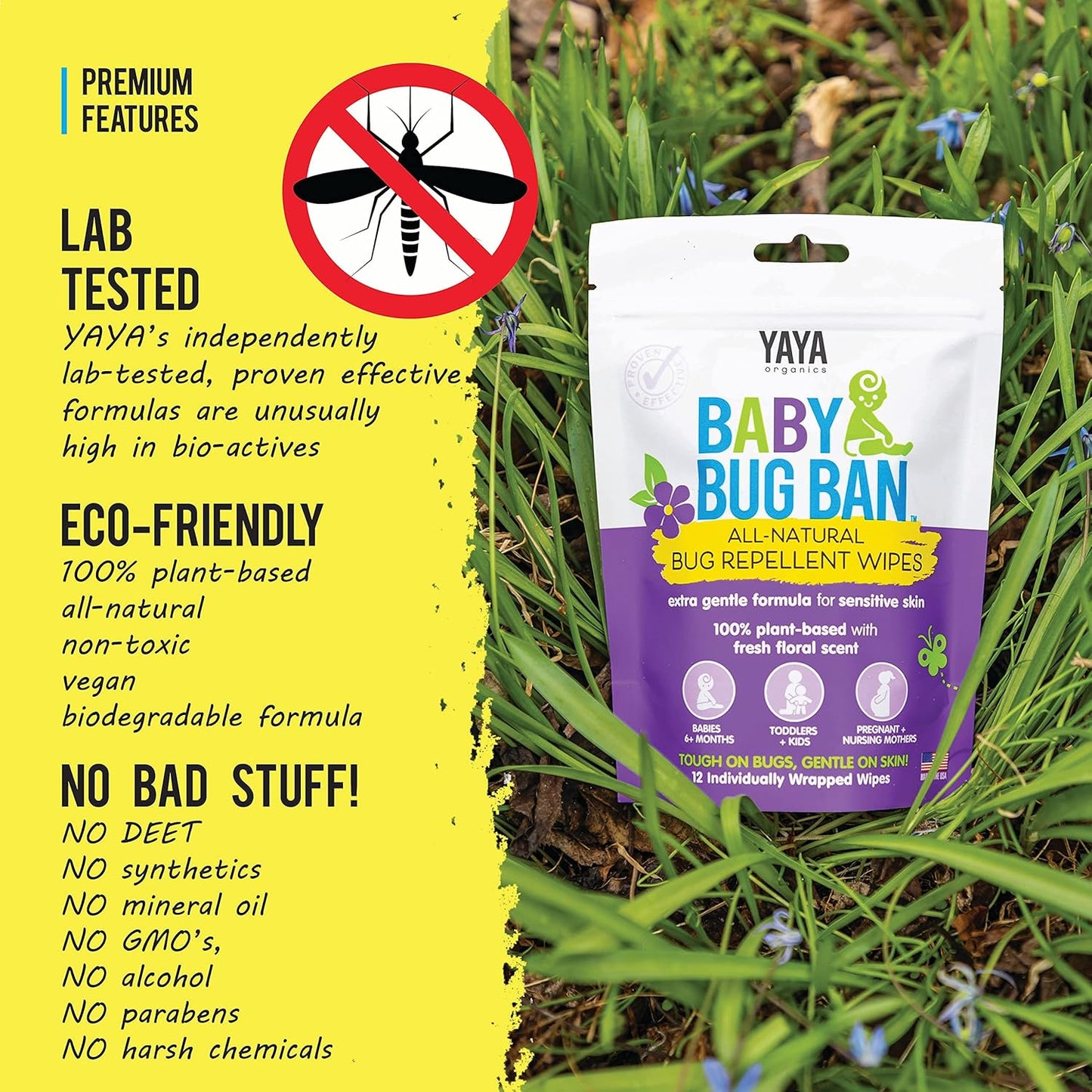 YAYA ORGANICS Baby Bug BAN Insect Repellent Wipes – All-Natural, DEET-Free, Non-Toxic, for Babies, Kids and Sensitive Skin (48 Count, Pack of 4)