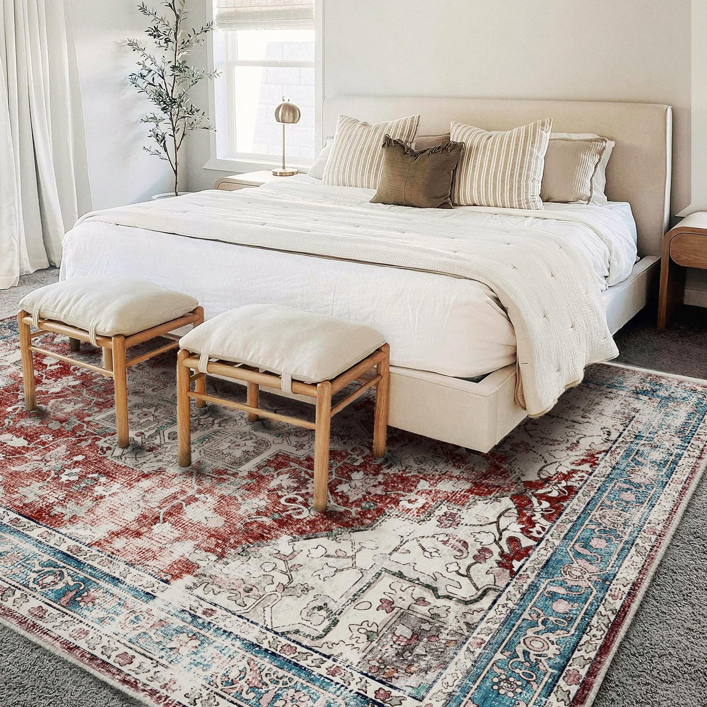 Washable Area Rug 10'x14' Red Blue Retro Flowers Boho Design Non-Shedding Easy Care Ideal for High Traffic Areas in Living Room Bedroom Office Coffee Table Kitchen Large Carpet