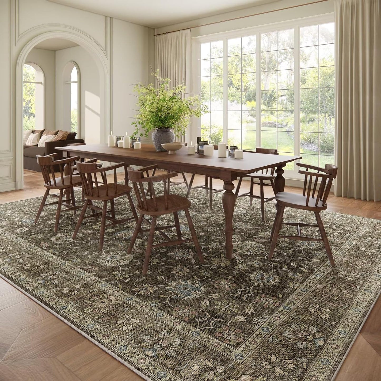 Washable 10x14 Area Rugs for Living Room, Boho Non-Slip Silicone Backing Rugs for Bedroom Dining Room Office, 0.3" Neutral Oriental Throw Carpet with 0.16" Cushioning Pad, Flaxen/Multi