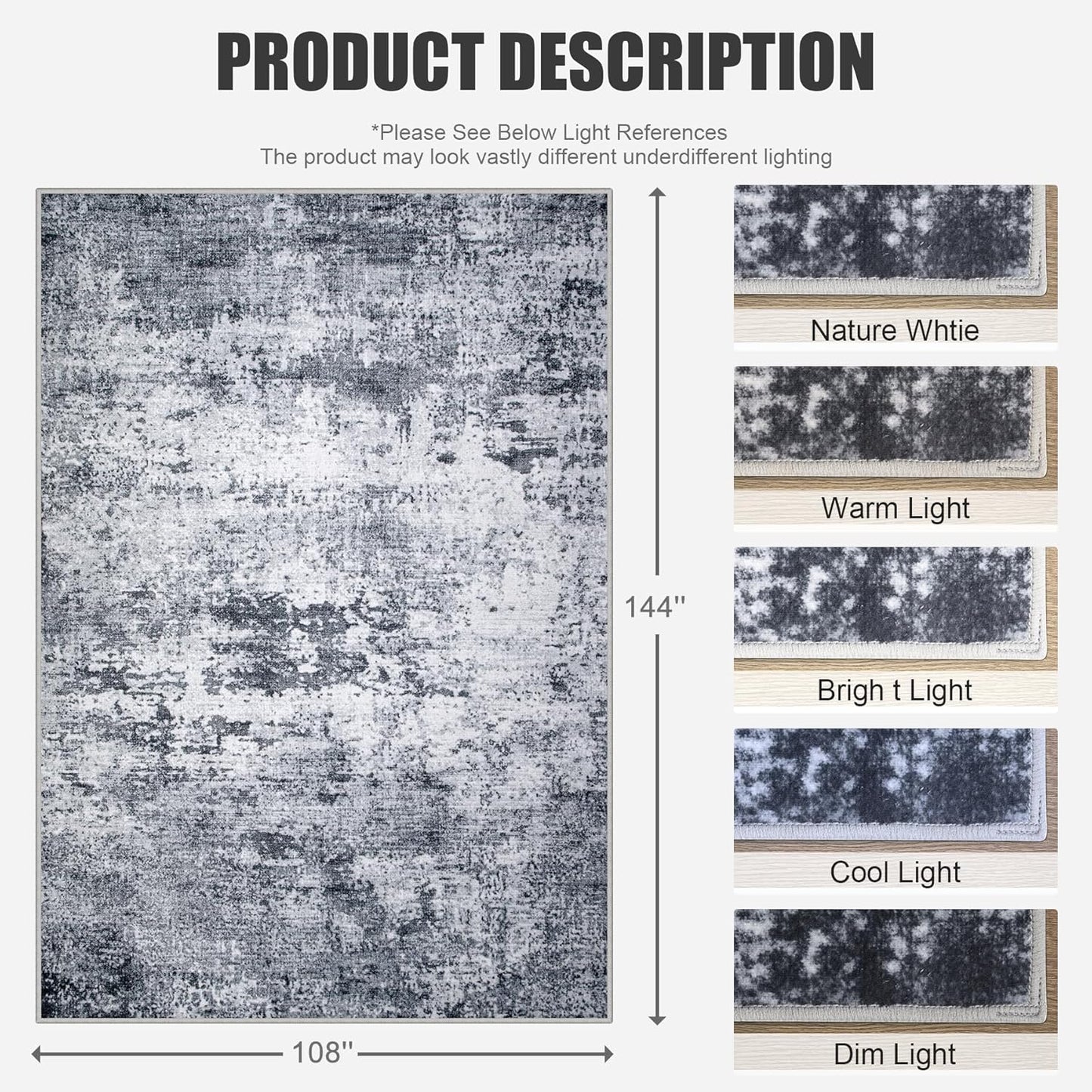 9x12 Area Rug Living Room Rug: Washable Modern Abstract Soft Thin Rug Indoor Floor No Slip Stain Resistant Carpet for Bedroom Dining Room Farmhouse Nursery Home Office - Grey