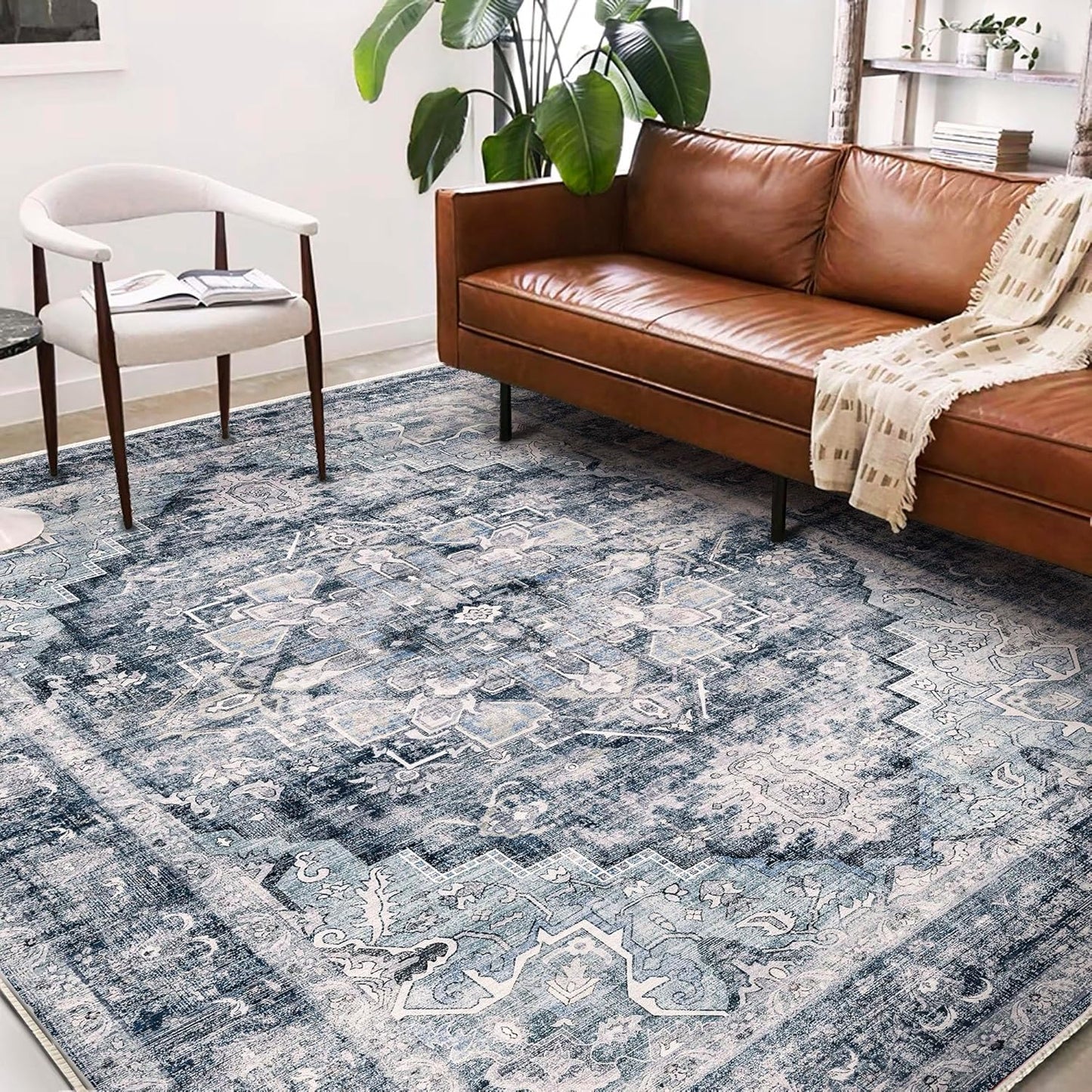 Area Rug 6'x9' Dark Blue Washable Vintage Traditional Floor Cover Thin Retro Kitchen Indoor Distressed Non Slip Carpet for Living Room Bedroom Dining Room