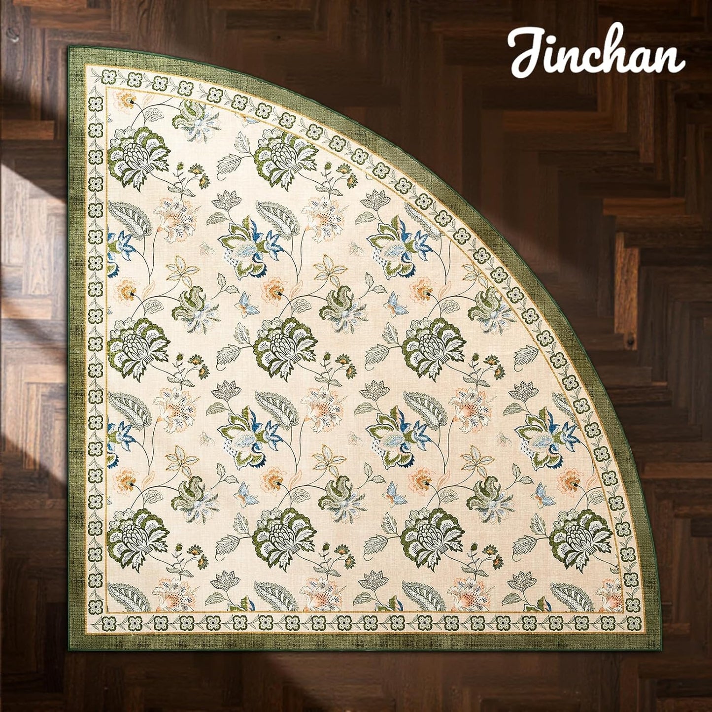 jinchan Floral Corner Rug for Entryway Washable Kitchen Rug Vintage Romance Design Non Slip Quarter Circle Lightweight Low-Pile Throw Carpet for Playroom Reading Nook Nursery, 4ft Radius, Green/Beige